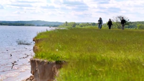 Grupp unga vänner gå på kullen, svalor som flyger över floden — Stockvideo