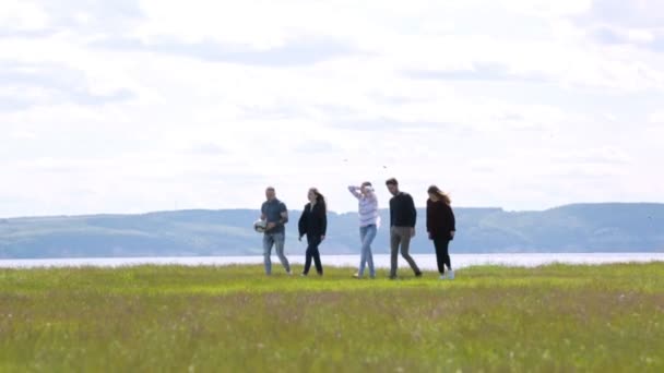 Молодые друзья прогуливаются по полю, наслаждаясь отдыхом на открытом воздухе — стоковое видео