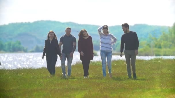 Alegre amigos caminando en el campo de hierba y pasar un buen rato — Vídeos de Stock