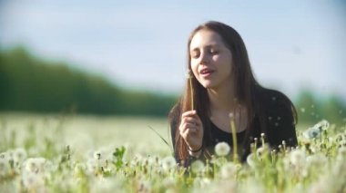 Bir yaz çayır Dandelions üfleme beyaz mutlu kız