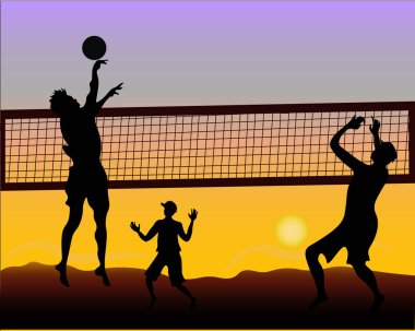 Plaj voleybolcuları günbatımı - siluet