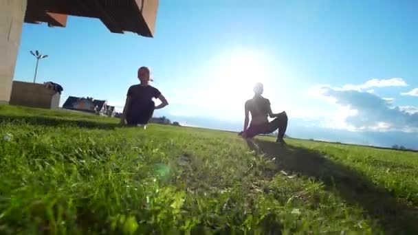 여름 일몰에 잔디에 젊은 여성 acrobat 운동 — 비디오