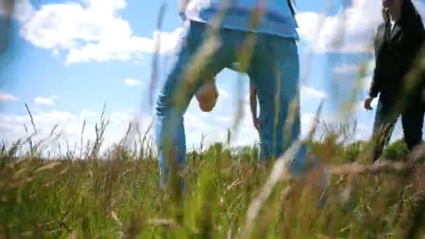 Groep jonge vrienden lopen op het veld en hebben leuke tijd in de natuur — Stockvideo