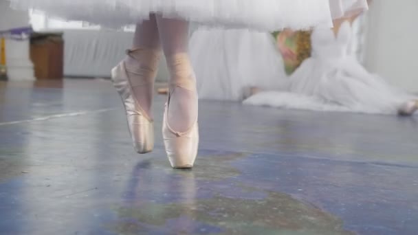 Frauenfüße in Spitzenschuhen vor Ballerinas beim Training im Studio — Stockvideo