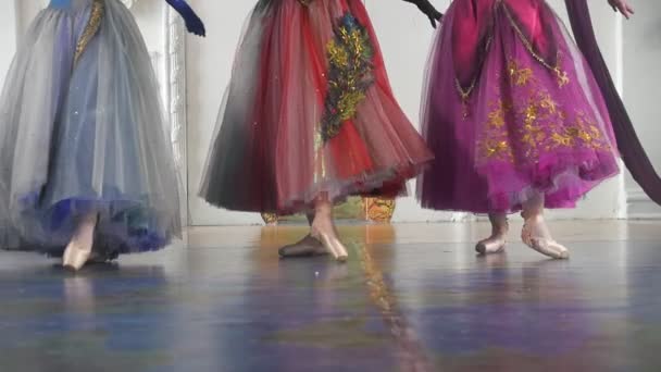 Три привлекательных балерины в красочных платьях танцуют на пуантах в просторной студии — стоковое видео