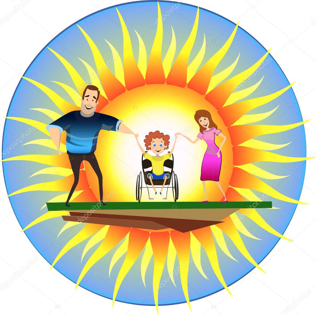 Happy family with disabled child on wheelchairs in front of the sun