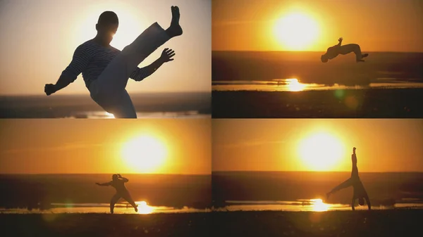 L'atleta acrobatico è impegnato in capoeira sullo sfondo di un tramonto arancione - 4 in 1 — Foto Stock