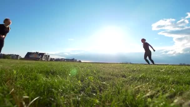 Aktywnych młodych kobiet wykonuje akrobatyczne na trawie o zachodzie słońca lato — Wideo stockowe