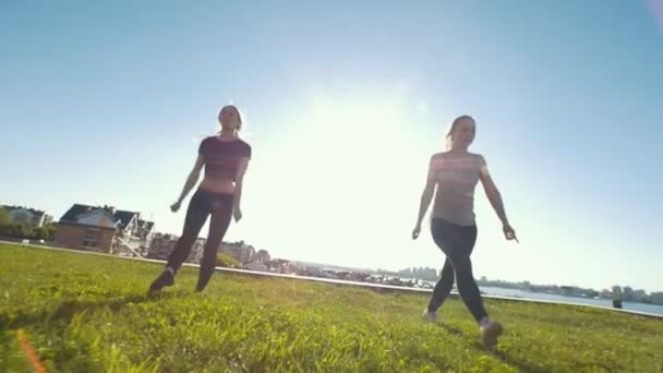 Jóvenes mujeres deportistas realizando elementos acrobáticos síncronos en la hierba bajo el sol — Vídeos de Stock