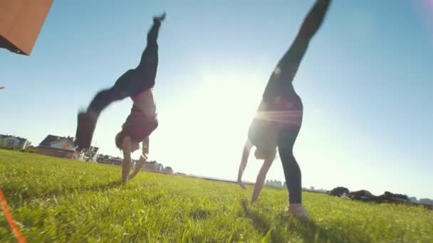 Jóvenes mujeres flexibles realizando rueda acrobática síncrona en la hierba en el día soleado — Vídeos de Stock