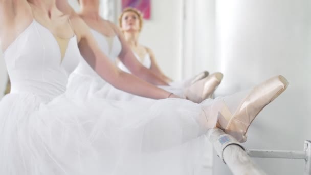 Hermosas bailarinas jóvenes en ejercicios puntiagudos en el bar de ballet en un estudio — Vídeos de Stock