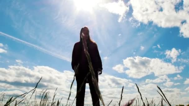 Jonge vrouw speelt met vrienden frisbee op het veld van de zomer in zonnige dag — Stockvideo