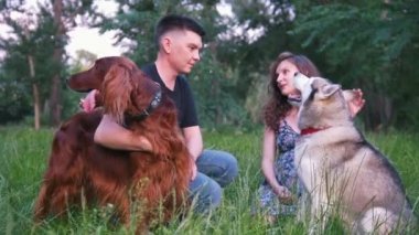 Seven çift bir dinlenme onların köpekleri ile açık havada - atar bir sopa bir köpek için gün batımında