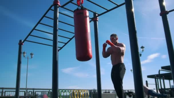 Hombre atlético dedicado al boxeo con saco de boxeo en verano al aire libre — Vídeos de Stock