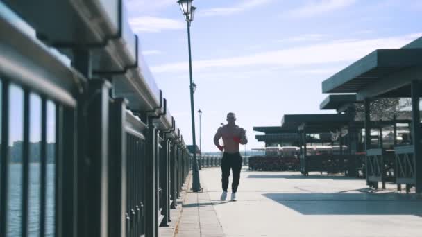 Muscular hombre es torpe trotar en el paseo marítimo en el día soleado , — Vídeo de stock