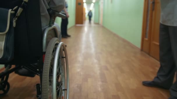 病院や大学中に 立って車椅子上無効に男をクローズ アップ — ストック動画