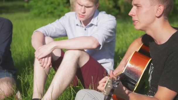 Jóvenes Amigos Hipsters Sentados Hierba Cantando Canciones Con Una Guitarra — Vídeo de stock