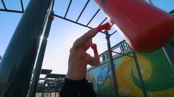 Hombre musculoso dedicado al boxeo con saco de boxeo en verano al aire libre, cámara lenta — Vídeos de Stock