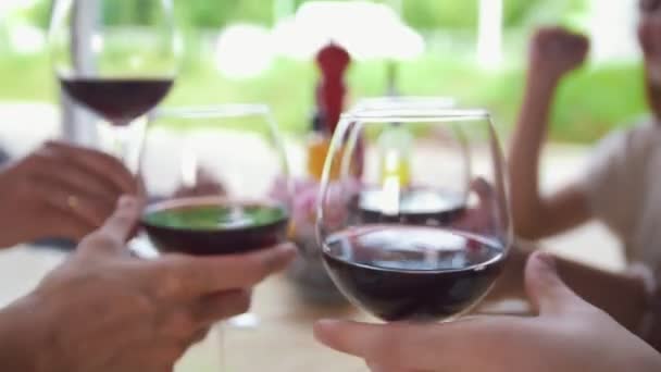 Young friends clink glasses of red wine and drinking at restaurant — Stock Video