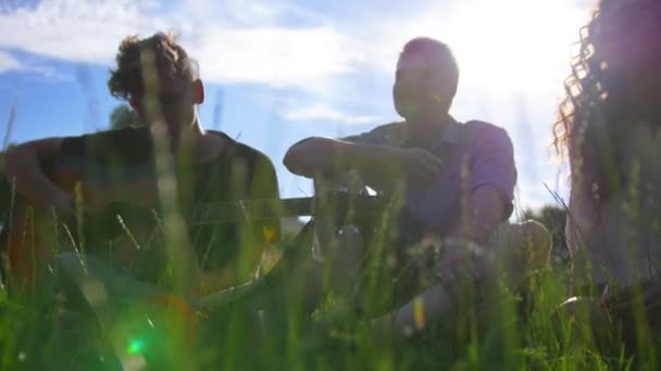 Amigos miran las nubes sentadas en la hierba bajo el sol — Vídeo de stock