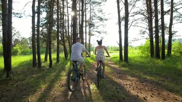 Joven hombre y mujer en bicicleta por el bosque de pinos — Vídeos de Stock
