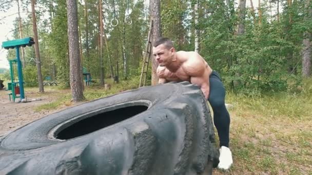 Сильный мускулистый человек поднимает огромное резиновое колесо, тренируется в лесу — стоковое видео