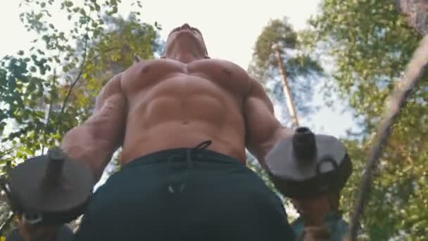 Мышечный культурист, поднимающий тяжелые железные гантели - тренировка в лесу — стоковое видео