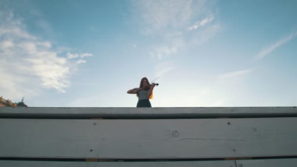 Junge Frau spielt an einem Sommertag Geige gegen den blauen Himmel — Stockvideo