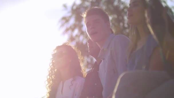 Des amis regardent les nuages assis sur l'herbe sous le soleil — Video