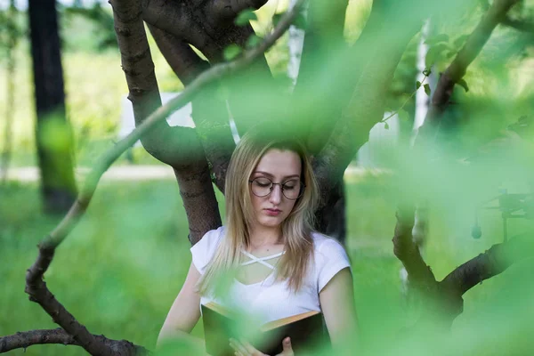 Junge Studentin liest ein Buch, angelehnt an einen Baum im Park — Stockfoto