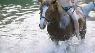 Gülümseyen nehre atın üstünde yaz günü binmek kafkas kadın