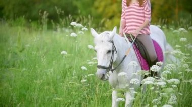 Genç kadın yaz akşamları çayır aracılığıyla atlı dörtnala