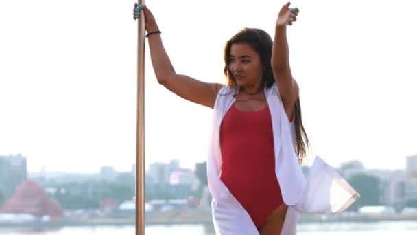 Sexy feminino pole-dancer executa uma dança no pólo em paisagem urbana no fundo — Vídeo de Stock