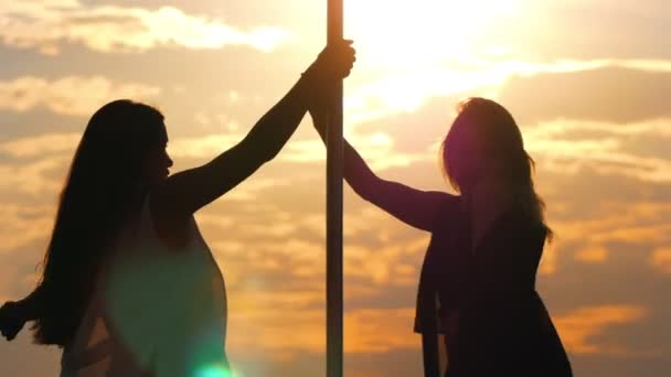 Silhouettes of sexy women with long hair performs a dance on the pole at sunset — Stock Video