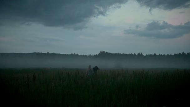 Två unga kvinnor som löper genom sommaräng i dimman — Stockvideo