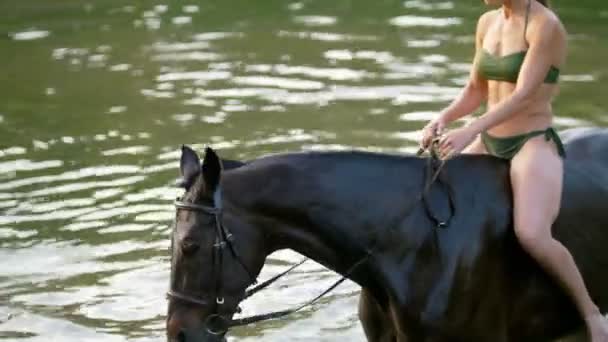 Sonrientes mujeres caucásicas cabalgando en los caballos en el río en la mañana de verano — Vídeos de Stock