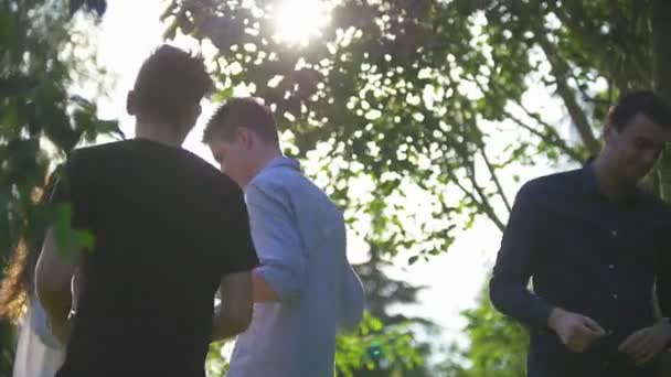 Unga glada vänner som dansar i sommarparken — Stockvideo