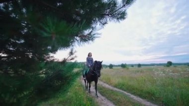 Siyah at sırtında geçen yaz alan yolundaki tarafından üzerinde güzel kadın