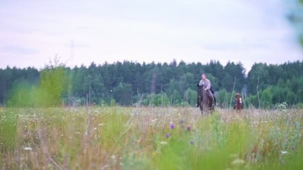 Jovem fêmea equestre galopando a cavalo no campo — Vídeo de Stock