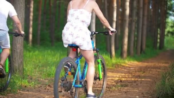 Jong koppel fietsen door de vuren takken in zomer bos — Stockvideo