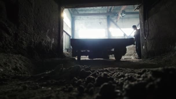 Een man in de fabriek duwt de kar in de garage — Stockvideo