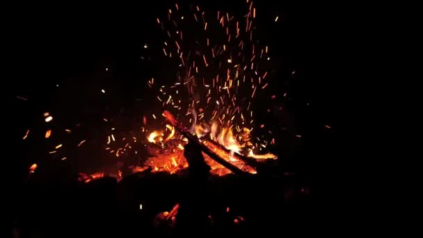Vliegende vonken van het kampvuur bij nacht — Stockvideo