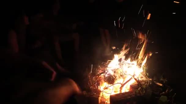 Los jóvenes cantan canciones con una guitarra alrededor de la fogata por la noche — Vídeos de Stock