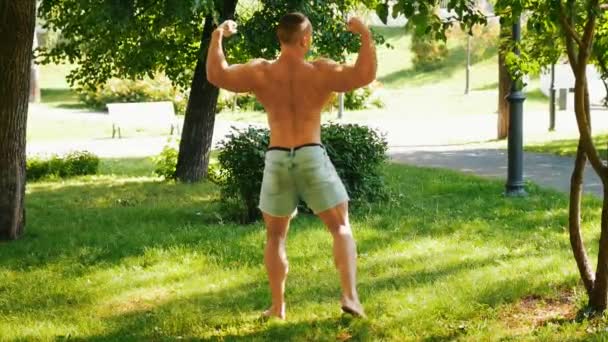 Entrenamientos musculares de hombre en el parque en un día soleado — Vídeo de stock