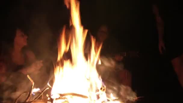 Jovens amigos felizes cantam músicas ao redor da fogueira à noite — Vídeo de Stock