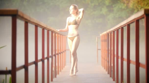 Portrait of young woman standing on the bridge, looking away. — Stock Video