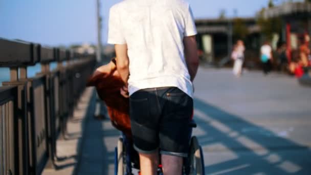 Guy enrolla a una chica discapacitada con el pelo rojo en una silla de ruedas en el paseo marítimo — Vídeos de Stock