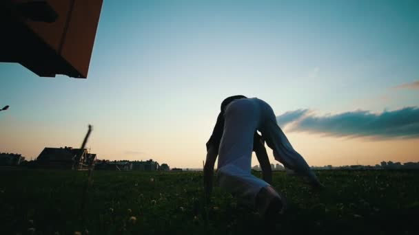 Muž vlaky capoeira na trávu, teplý letní večer, západ slunce, pomalý pohyb — Stock video