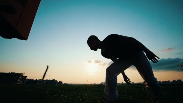 Homem treina capoeira na grama, ao pôr do sol, em câmera lenta — Vídeo de Stock