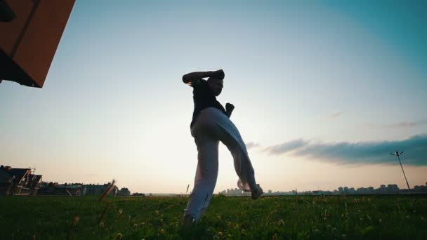 Fuerte hombre resistente baila capoeira en la hierba en una noche de verano — Vídeo de stock